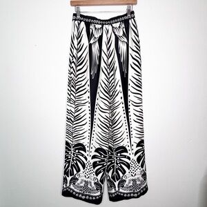 Rachel Zoe Wide Leg Satin Palazzo Pants Tropical Print Black & White Size S EUC